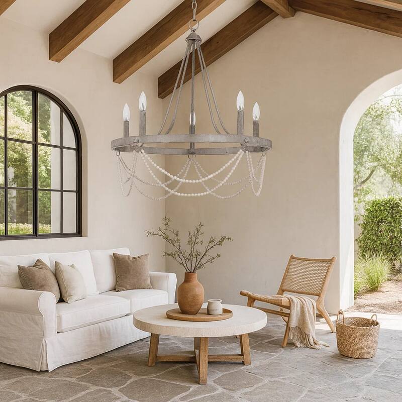 Lony 26 Inch Chandelier with White Beaded Candelabra Design, Metal