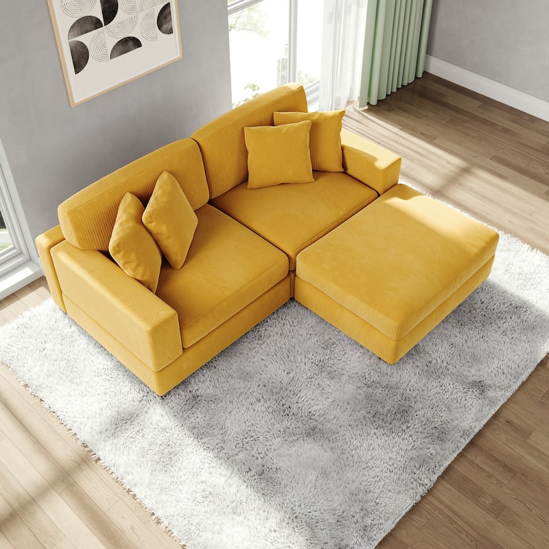 Modular Corduroy Sectional Sofa Set Chaise Couch with Ottoman