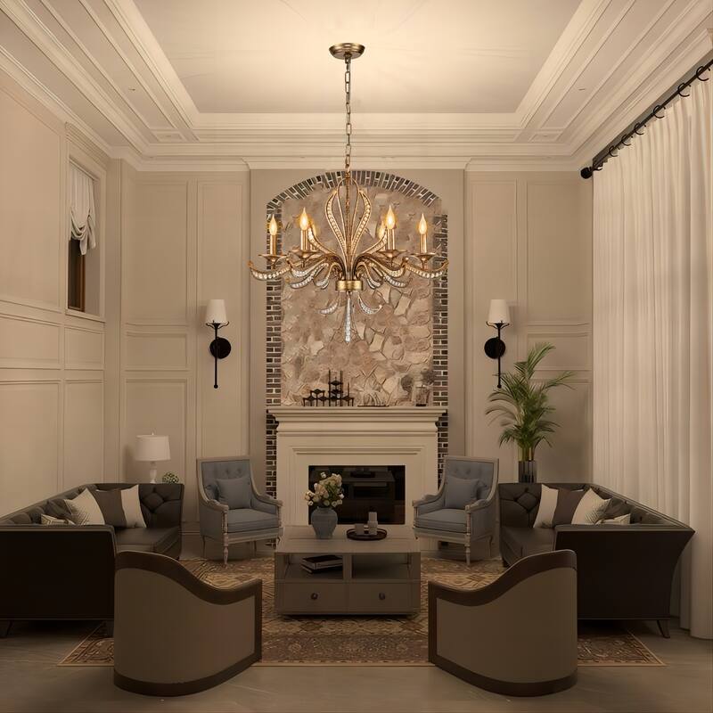6-Light Mid-Century Modern Transitional Antique Silver Round Hand-Beaded Crystal Candle Large Chandelier