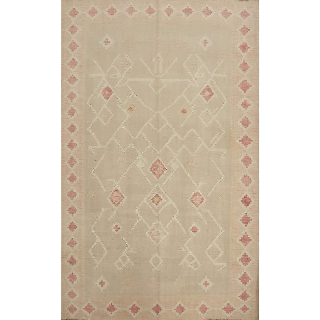 Hand Woven Oriental 100% Wool Carpet Southwestern Tribal Beige & Ivories Kilim Area Rug - 10' 0'' X 7' 2''