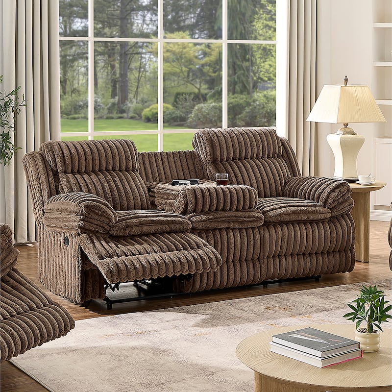 Roundhill Furniture Ardello 3-Piece Reclining Sofa Set, Corduroy Upholstery with Built-In Power Center, Chocolate