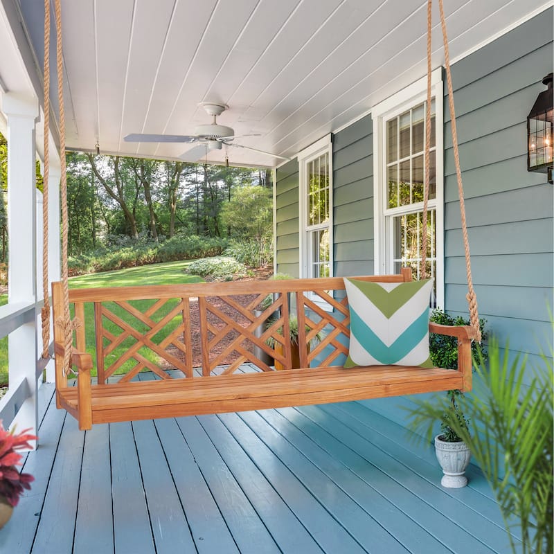 Chic Teak Chippendale Teak Wood Triple Porch Swing, 72 inch