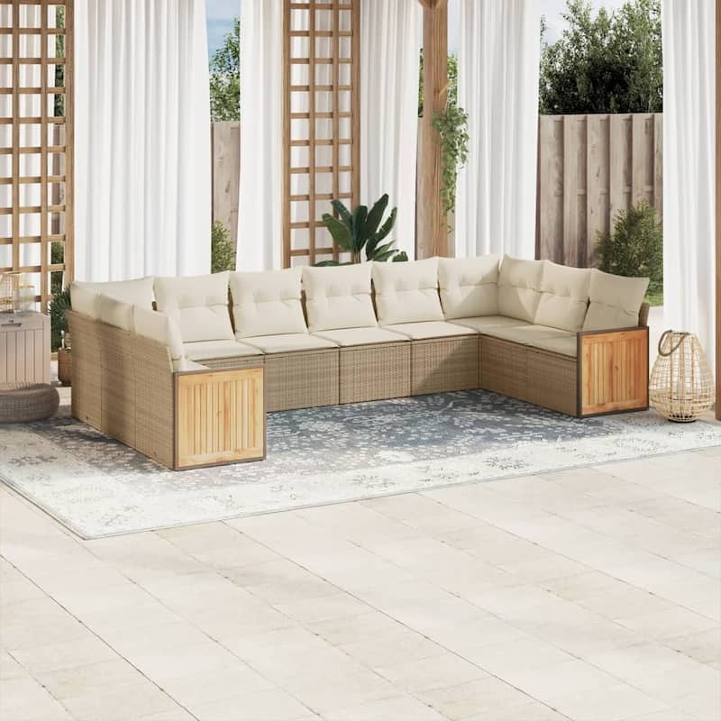 vidaXL Patio Sofa Set with Cushions Outdoor Conversation Furniture Poly Rattan - 24.4 x 24.4 x 27.2 - Beige and Cream