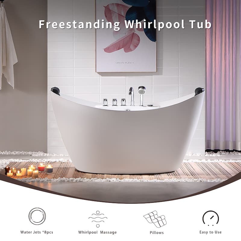 67 in. x 28.7 in. Center Drain Freestanding Whirlpool Bathtub Hydrotherapy Jetted Soaking Bath Tub - Tub filler in White
