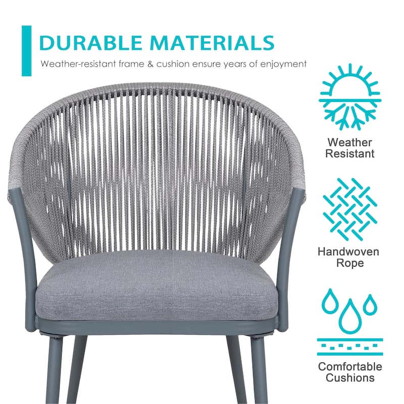 Nuu Garden 3-Piece Aluminum Outdoor Bistro Set, 1 Coffee Table and 2 Woven Rope Chairs with Seat Cushions