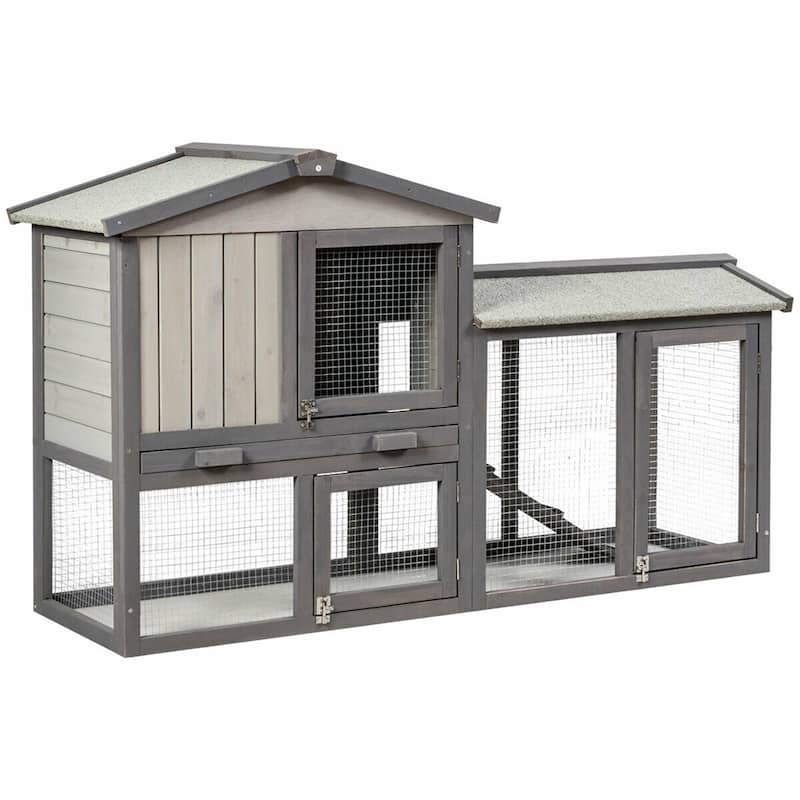 58" Wooden Rabbit Hutch Large Chicken Coop Weatherproof - Grey
