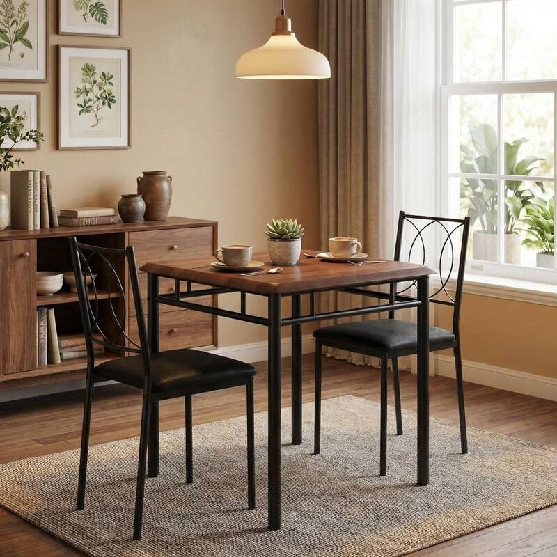 Kitchen Dining Table Set with Upholstered Chairs for 2 - Walnut