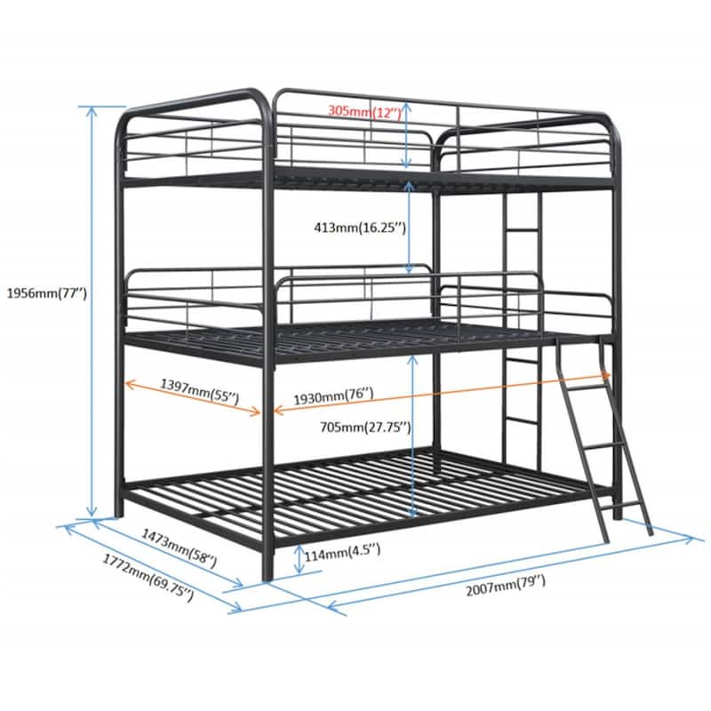 Metal Furniture Triple Bunk Bed with Ladder and Fence for Bedroom, Kids, Boys and Girls