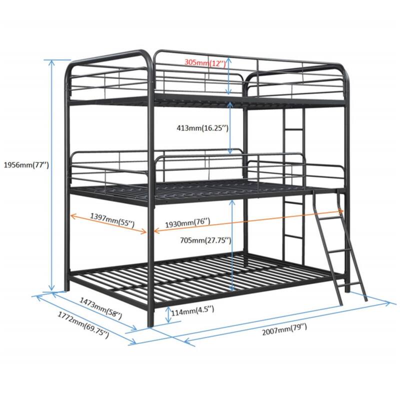 Triple Bunk Bed, FULL Size, Black Metal Frame, Space-Saving, Easy Assembly