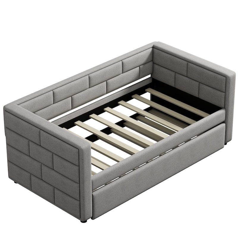 Twin Size Daybed with Trundle Bed, Upholstered Backrest, Wood Slat Support Frame