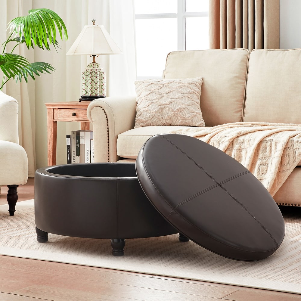 Faux Leather Round Storage Ottoman