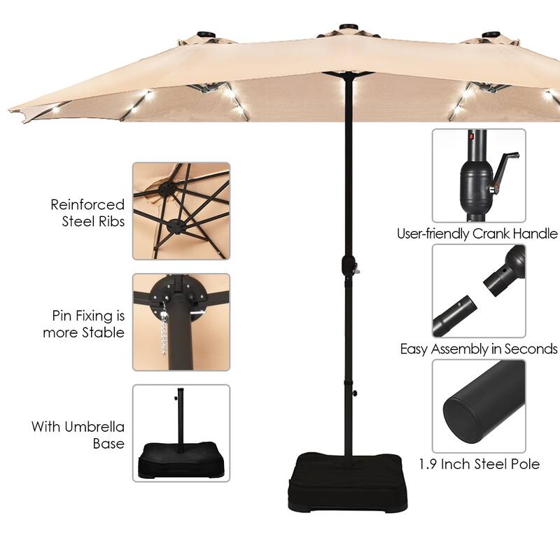 Costway 15Ft Patio Double-Sided Solar LED Market Umbrella Crank Base