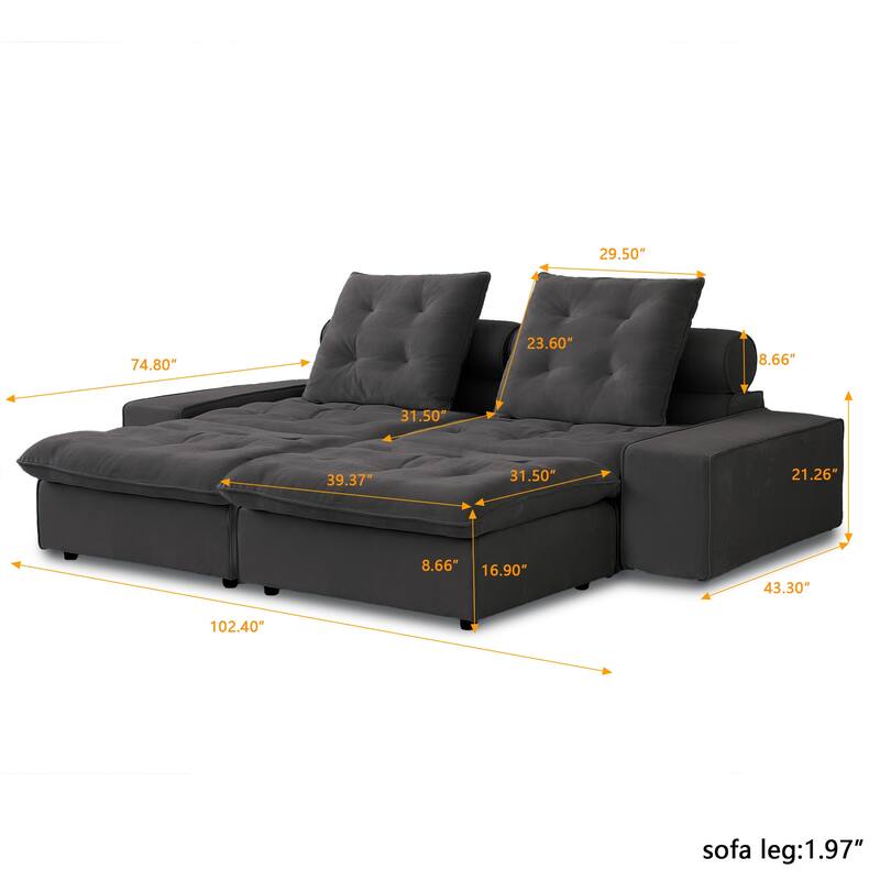 102.4" Oversized Down Filled Sectional Sofa for Living Room Frosted Fleece Minimalist Couches with Ottoman