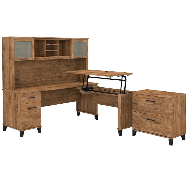 Somerset 72W Sit to Stand L Shaped Desk with Hutch and Cabinet in Gray
