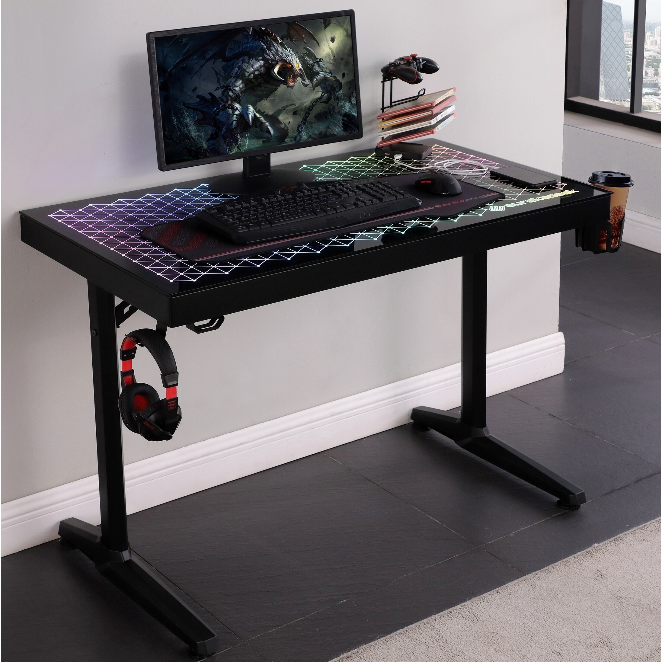  EUREKA ERGONOMIC 65 inch Electric Height Adjustable Gaming Desk  Standing Desk, Large Gaming Computer Desk with RGB LED Lights and Extended  Gaming Mouse mat for Gaming and Home Office,Black : Home