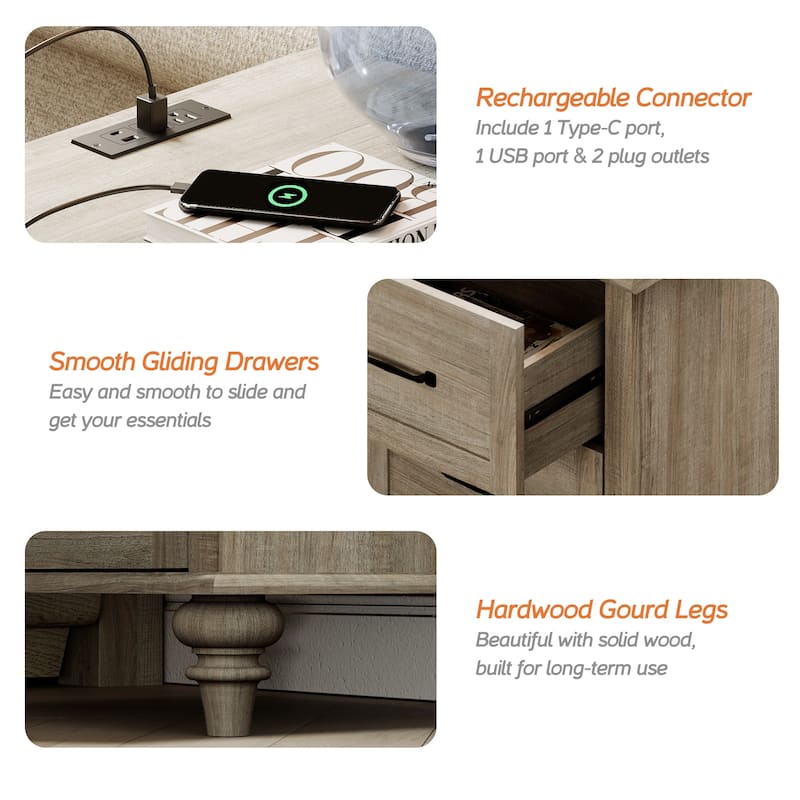 Nightstand with Charging Station, 2-Drawer End Table for Bedroom