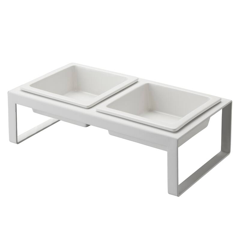Yamazaki Home Pet Food Bowl - Two Styles, Steel and Ceramic, Tall, 1.25 cups, 300 milliliters per bowl - White