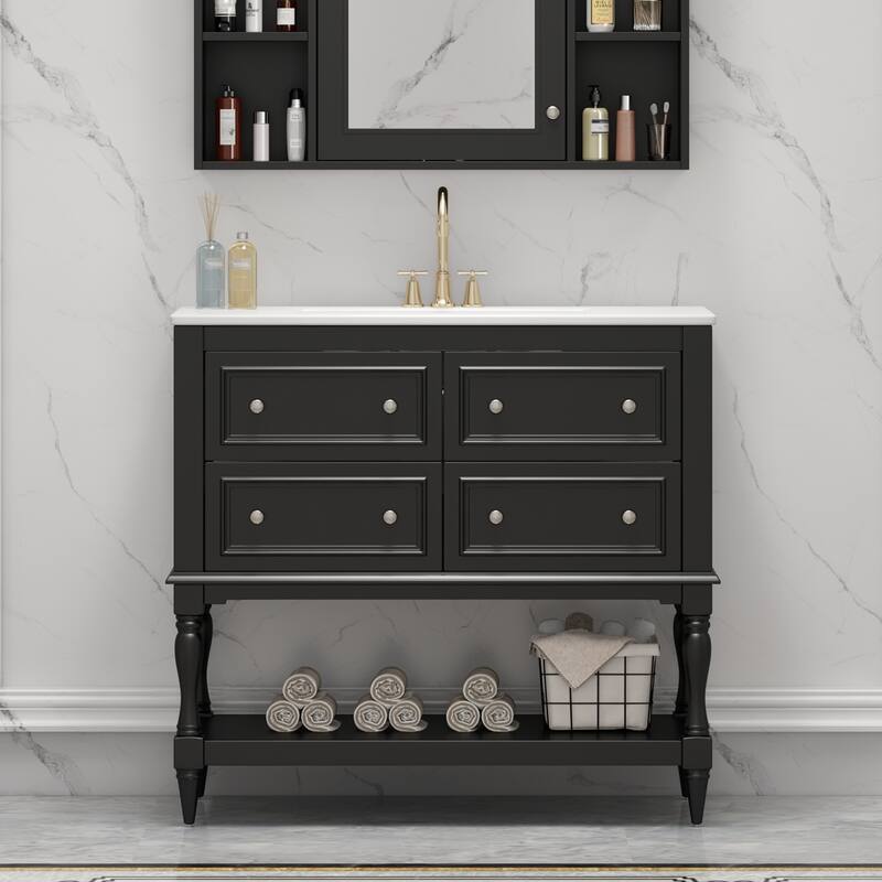 Bathroom Vanity with Ceramic Sink, Solid Wood Vanity Set with 4 Drawers, Bathroom Storage Cabinet with Open Shelf