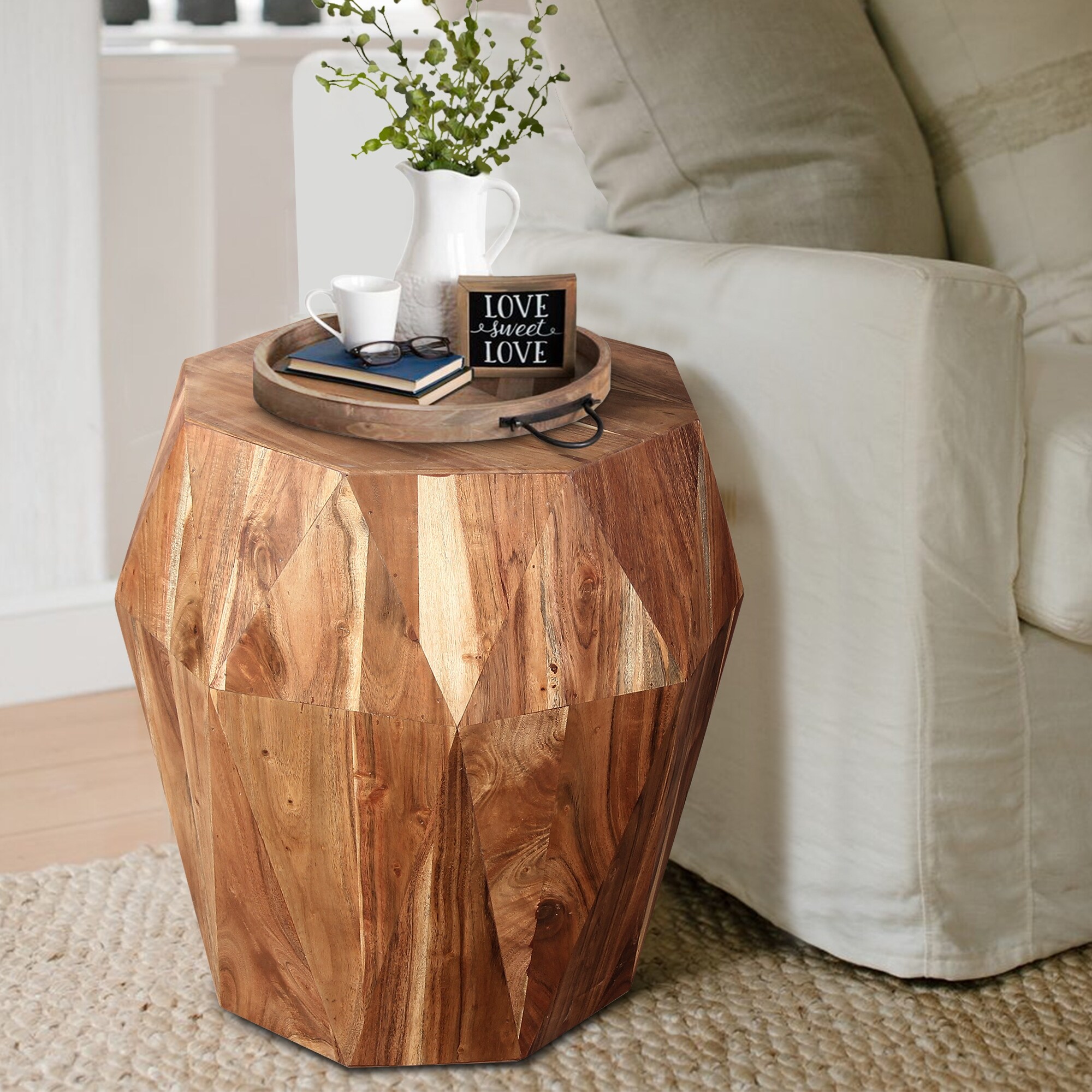 Bon 22 Inch Artisanal End Side Table, Multifaceted Solid Acacia