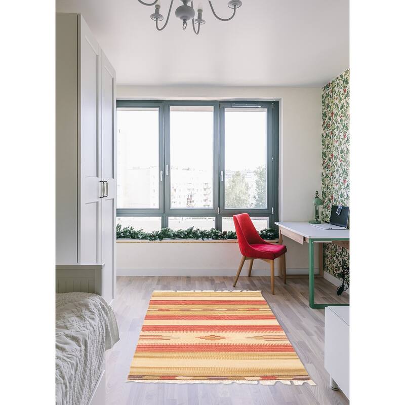 ECARPETGALLERY Flat-Weave Bold and Colorful Cream Wool Kilim - 2'0 x 3'3