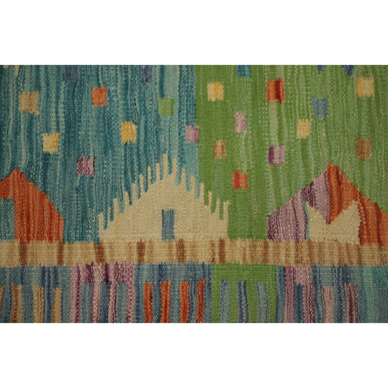 Hand Woven Oriental 100% Wool Carpet Southwestern Tribal Navy Blue & Blues Kilim Runner Rug - 9' 9'' X 2' 9''