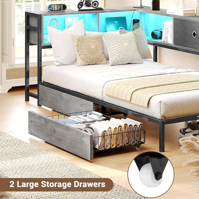 Daybed with 2 Drawers Platform Bed Frame LED Light Charging Station