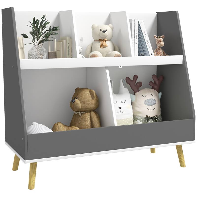 Kids Bookcase Toy Shelf,2 Tier Toddlers Toy Storage Shelf with 5 Compartments,Anti-tip Device,Pine Wood Legs - Grey