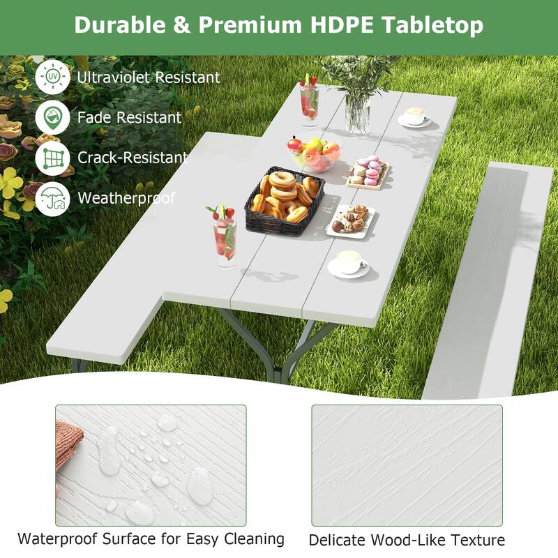 72 Inch 8-Person Outdoor Picnic Table and Bench Set with HDPE Wood-Texture Top and with Built-in Umbrella Hole