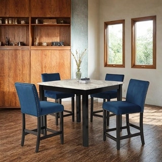 5pc Counter Height Dining Set Square White Faux Marble Table Blue ...