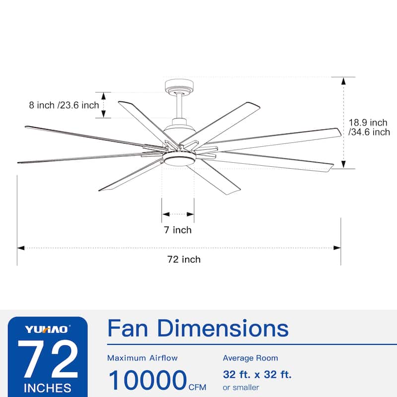 52"/66"/72"/76 Inch Modern Ceiling Fan with Dimmable LED Light ,Remote&APP Control,8 Blades for Large Living Room,Porch