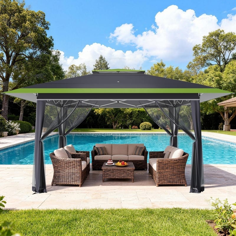 13x13 FT Pop Up Canopy Tent with Netting, UPF 50+ Outdoor Canopy with Automatic Eaves & One-Push Lock, for Patio & Parties - Green - With Netting