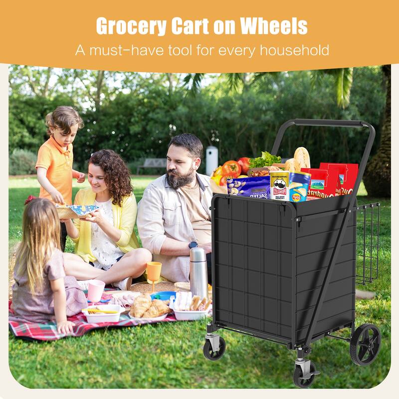 Foldable Grocery Shopping Cart w/ Brake & Double Basket and 360 Rolling Swivel Wheels