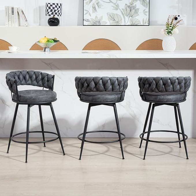 XINMICS 360° Swivel Bar Stools, 24 Inches Modern Counter Height Bar Stools with Woven Back, Upholstered Suede Tall Barstools