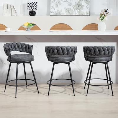 XINMICS 360° Swivel Bar Stools, 24 Inches Modern Counter Height Bar Stools with Woven Back, Upholstered Suede Tall Barstools
