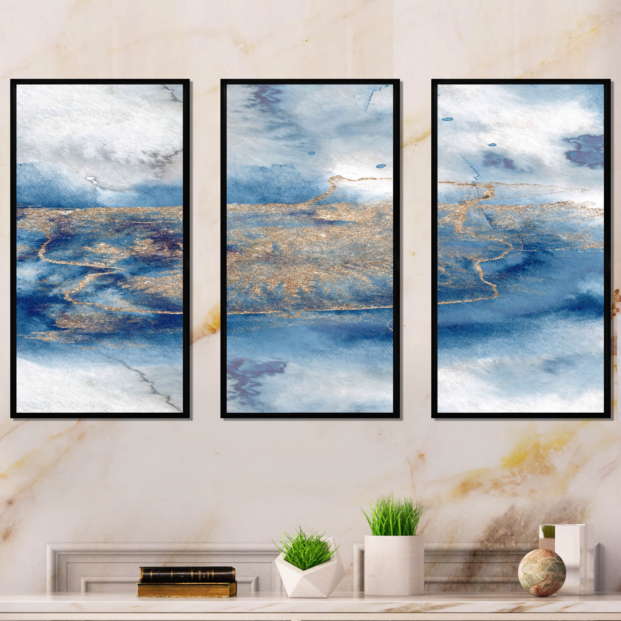 Designart "Abstract Classic Blue And Gold I" Modern Framed Art Prints Set of 3 - 4 Colors of Frames