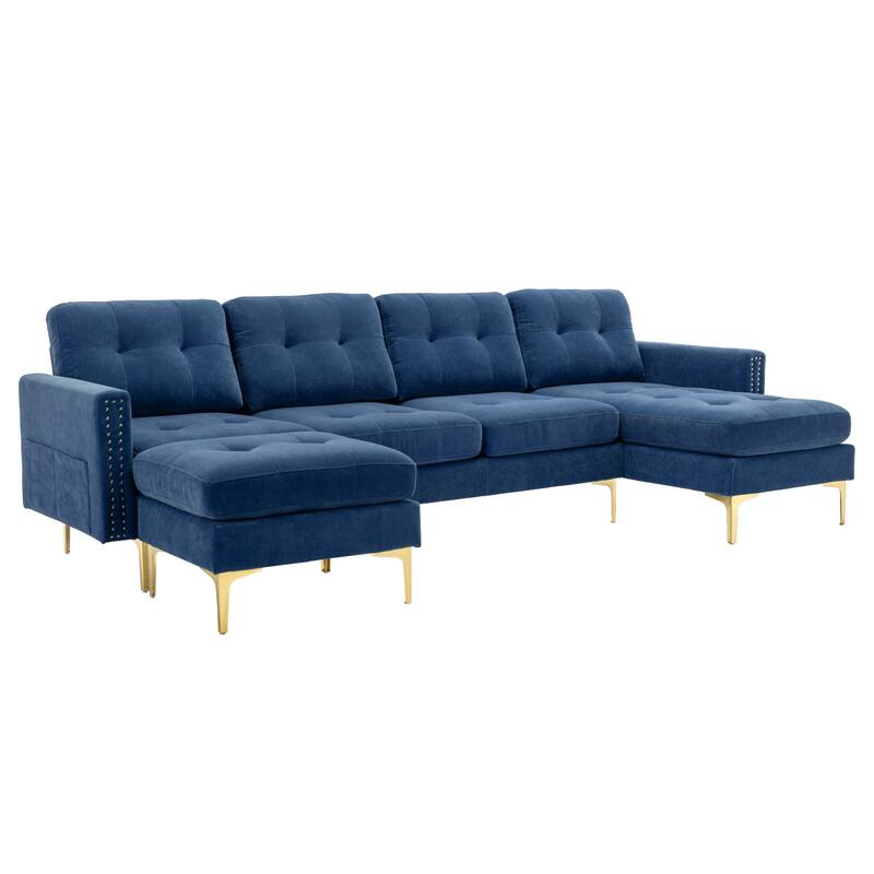 L Shaped Convertible Sectional Sofa with Ottoman, Velvet Fabric 5 Seater Sofa, Upholstered Sofa with Chaise & Storage Pockets