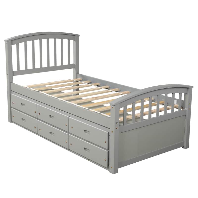 Twin Size Platform Captains Storage Bed Solid Wood Daybed with 6 Drawers Bookcase Bed Low Profile Bed Panel Bed