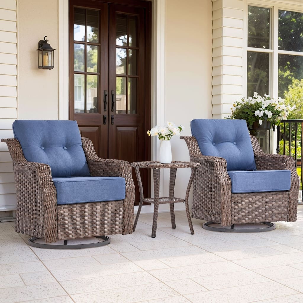 3 Pieces Swivel Chairs with Side Table - Blue Cushion - Brown