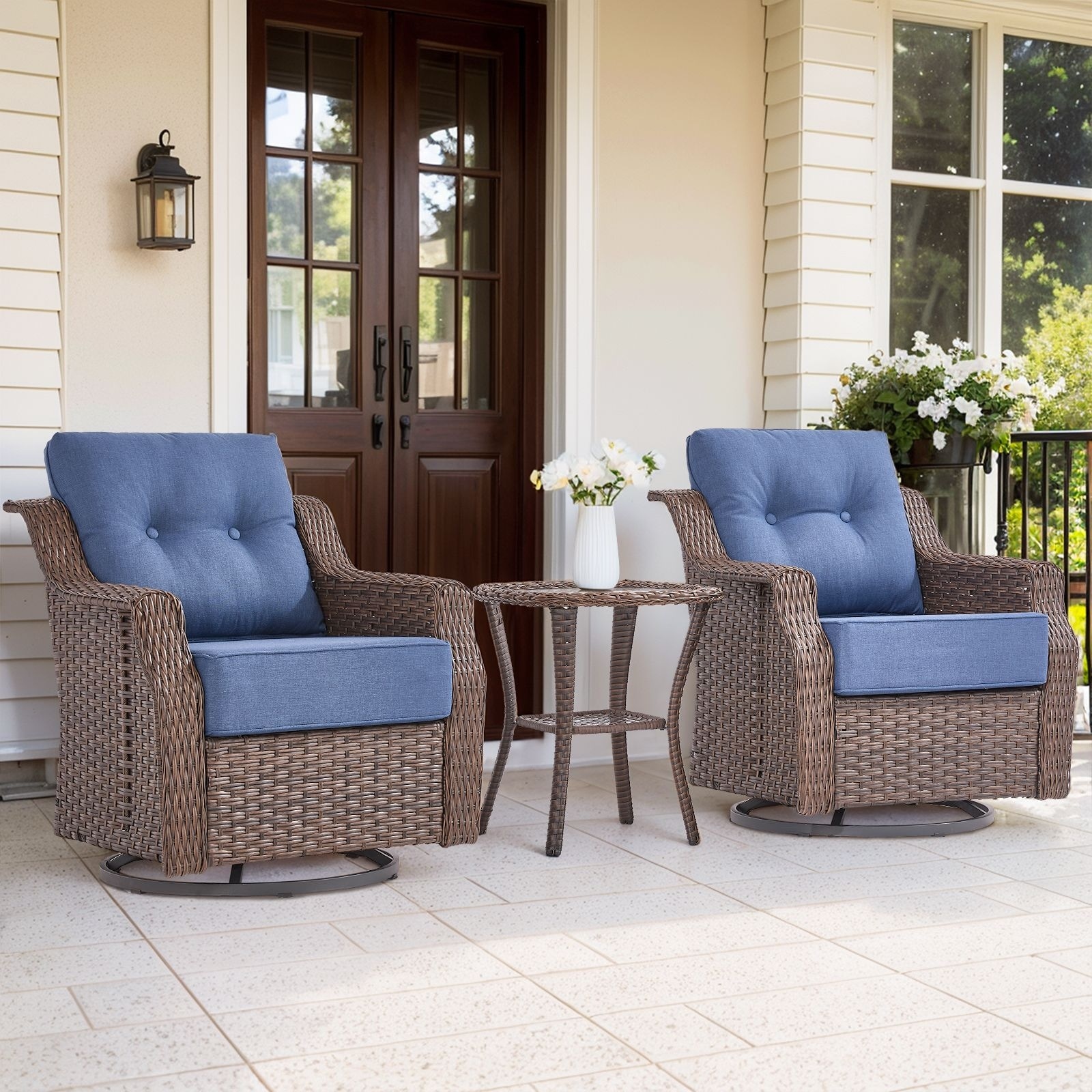 3 Pieces Swivel Chairs with Side Table - Blue Cushion - Brown