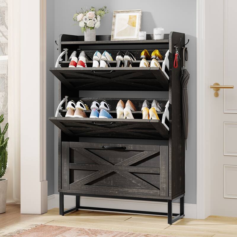 Moasis Farmhouse Flip Shoe Cabinet Shoe Storage Cabinet with 3 Flip Doors Adjustable Shelf - 31.4"L x 8.8"W x 53.1"H