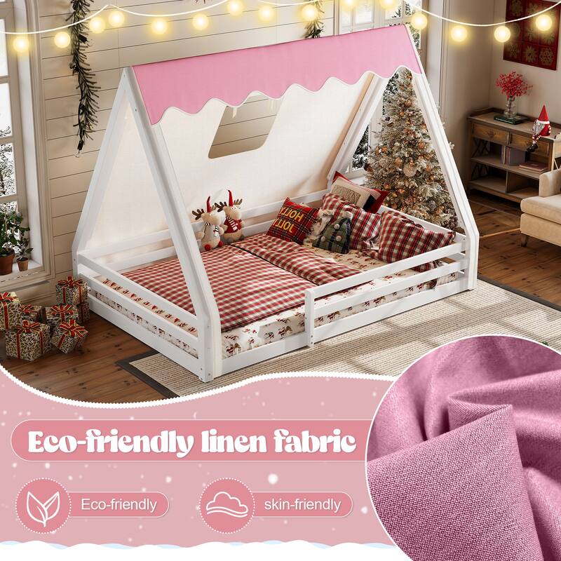 Roomfitters House Floor Bed with Tent and Lights, Solid Wood Teepee Frame with Guardrails