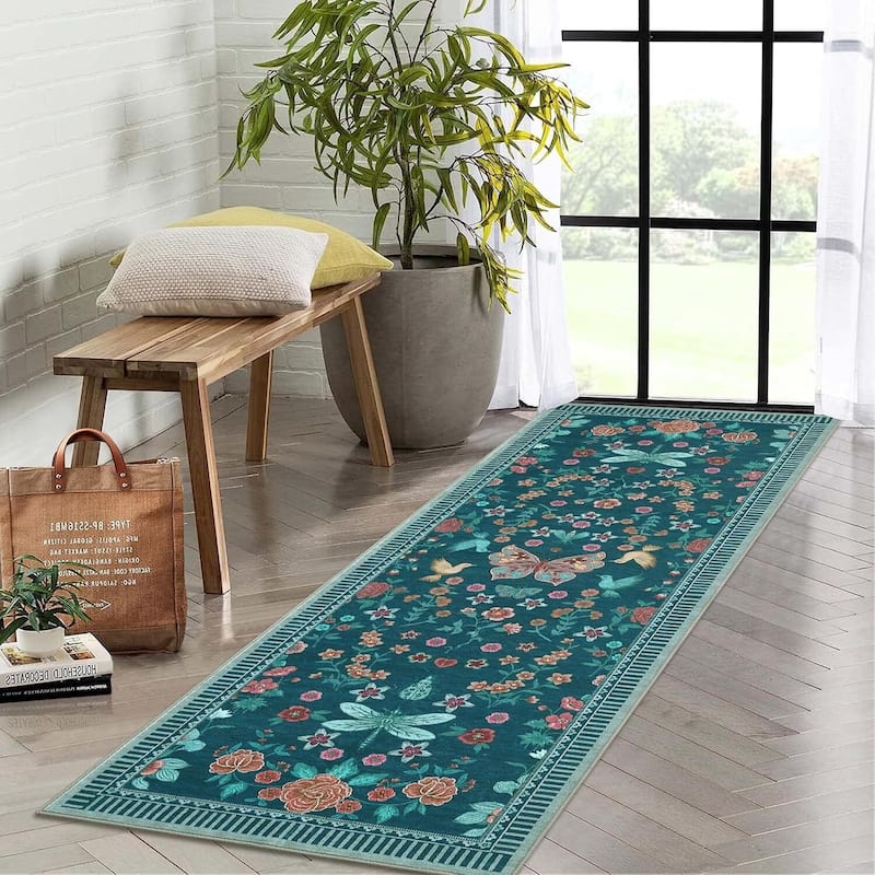 Modern Floral Machine Washable Indoor Waterproof Area Rug for Bedroom, Living Room, Dark Green - 2' x 3'