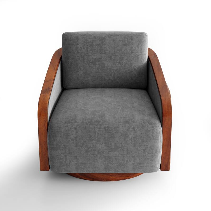 Upholstered Swivel Barrel Chair with Curved Wood Arms