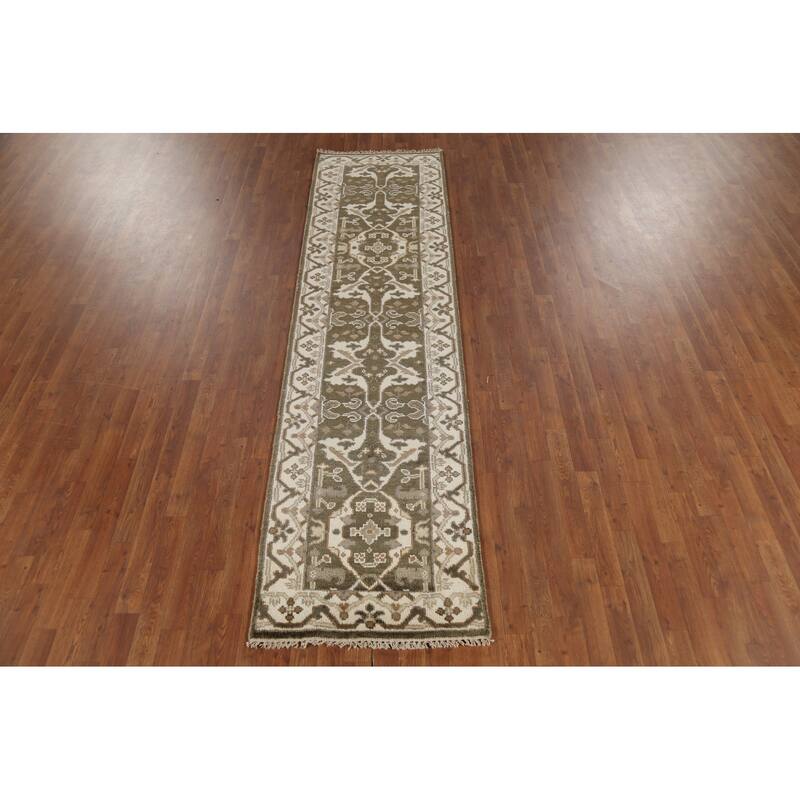 Green Oushak Oriental Runner Rug Hand-Knotted Transitional Wool Carpet - 2'6"x 9'8"