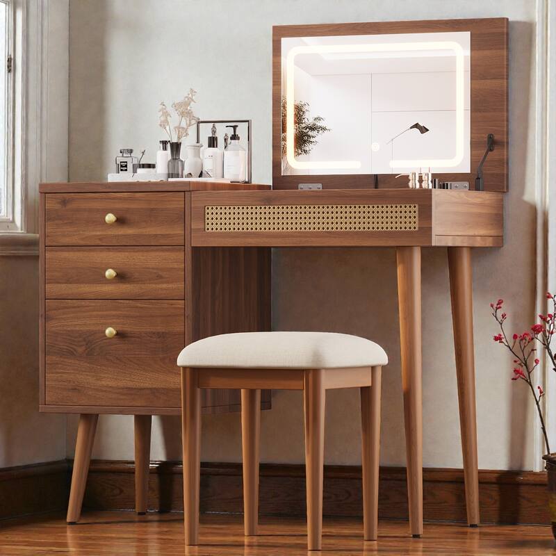 39" Retro Boho Vanity Desk with Flip-Top LED Mirror, 3 Drawers & 10 Compartments, Rattan Makeup Table with Stool