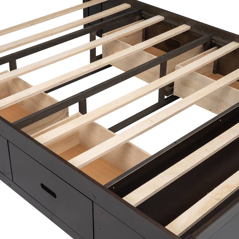 Roomfitters Queen Wood Platform Bed with Storage Headboard, Shoe Rack and Four Storage Compartments, Espresso