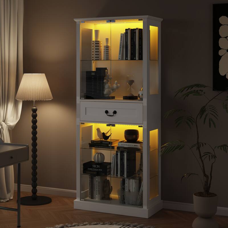 Bookshelves LED Display Cabinet with Tempered Glass Doors, App-Controlled Multicolor Lighting