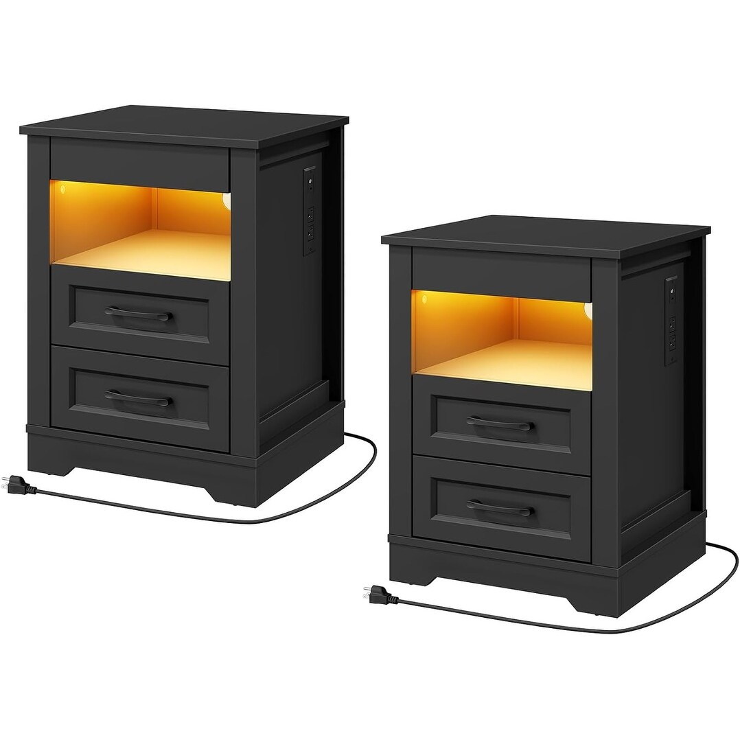 Farmhouse Nightstand Set with Charging Station, LED Lights & Hidden Drawer - Stylish End Table for Bedroom or Living Room