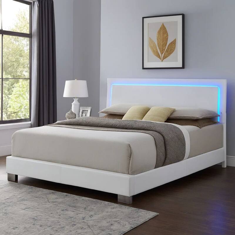 Sok Queen Panel Bed with LED Headboard, Low Profile Footboard, Glossy White