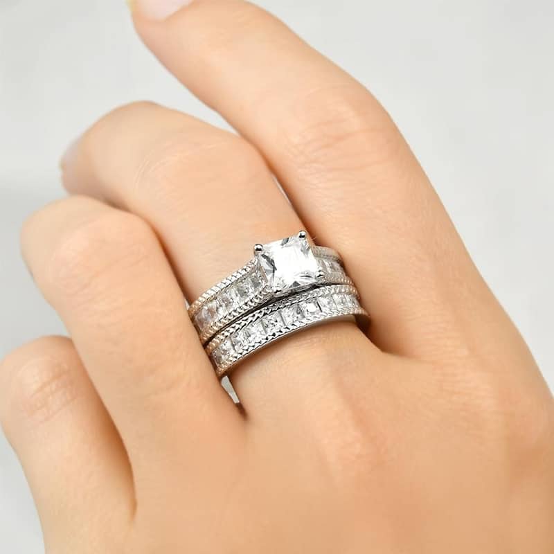 Womens 4.3ct Princess Cut Eternity Band Bridal Ring Set Real Silver